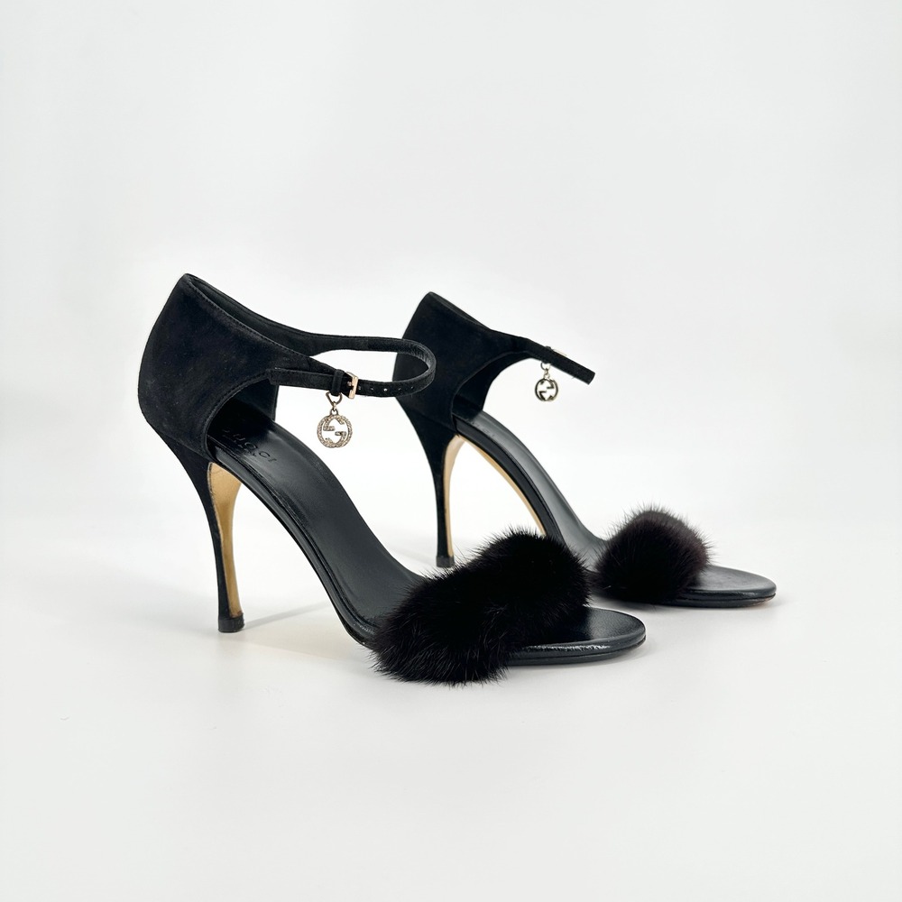 Gucci Black Suede Mink Fur Interlocking G Charm Stiletto Sandals Heels 8B